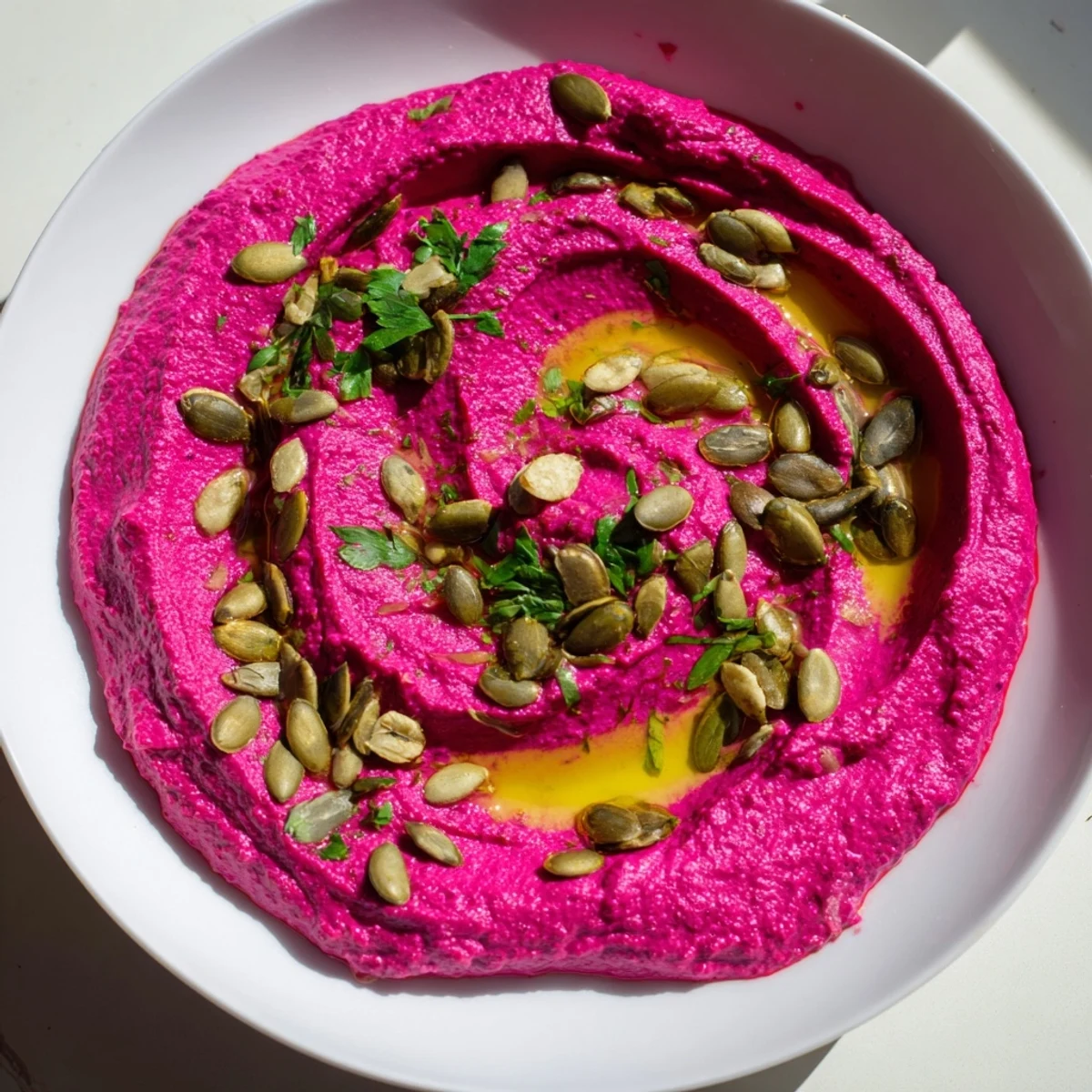 Roasted beet hummus in a rustic bowl, garnished with sesame seeds and parsley, perfect for dipping with fresh vegetables.  
