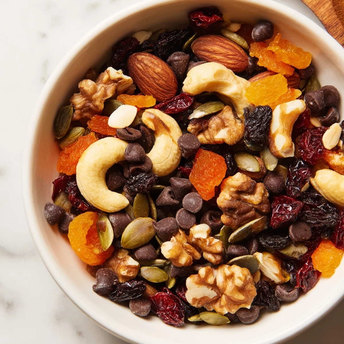 A generous scoop of trail mix custom spills from a glass jar onto a wooden surface, showcasing walnuts, sunflower seeds, and chewy dried apricots.  