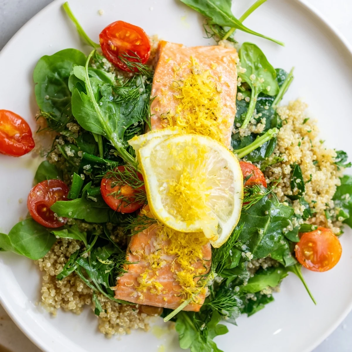 Tossing quinoa with fresh dill and mint creates a fragrant base for this flaky Lemon Herb Salmon Salad.