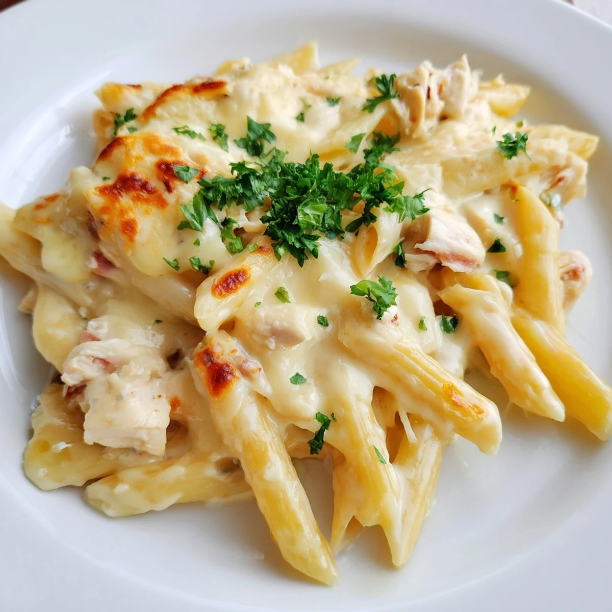 Freshly baked Chicken Alfredo Casserole with golden, bubbly mozzarella and creamy sauce in a white dish.