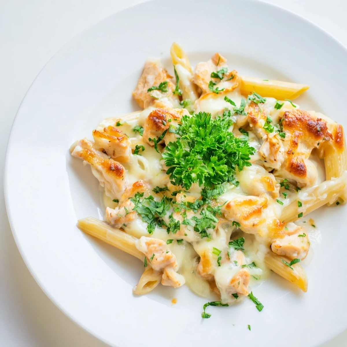 Forkful of creamy Chicken Alfredo Casserole featuring tender penne pasta and diced chicken in rich sauce.