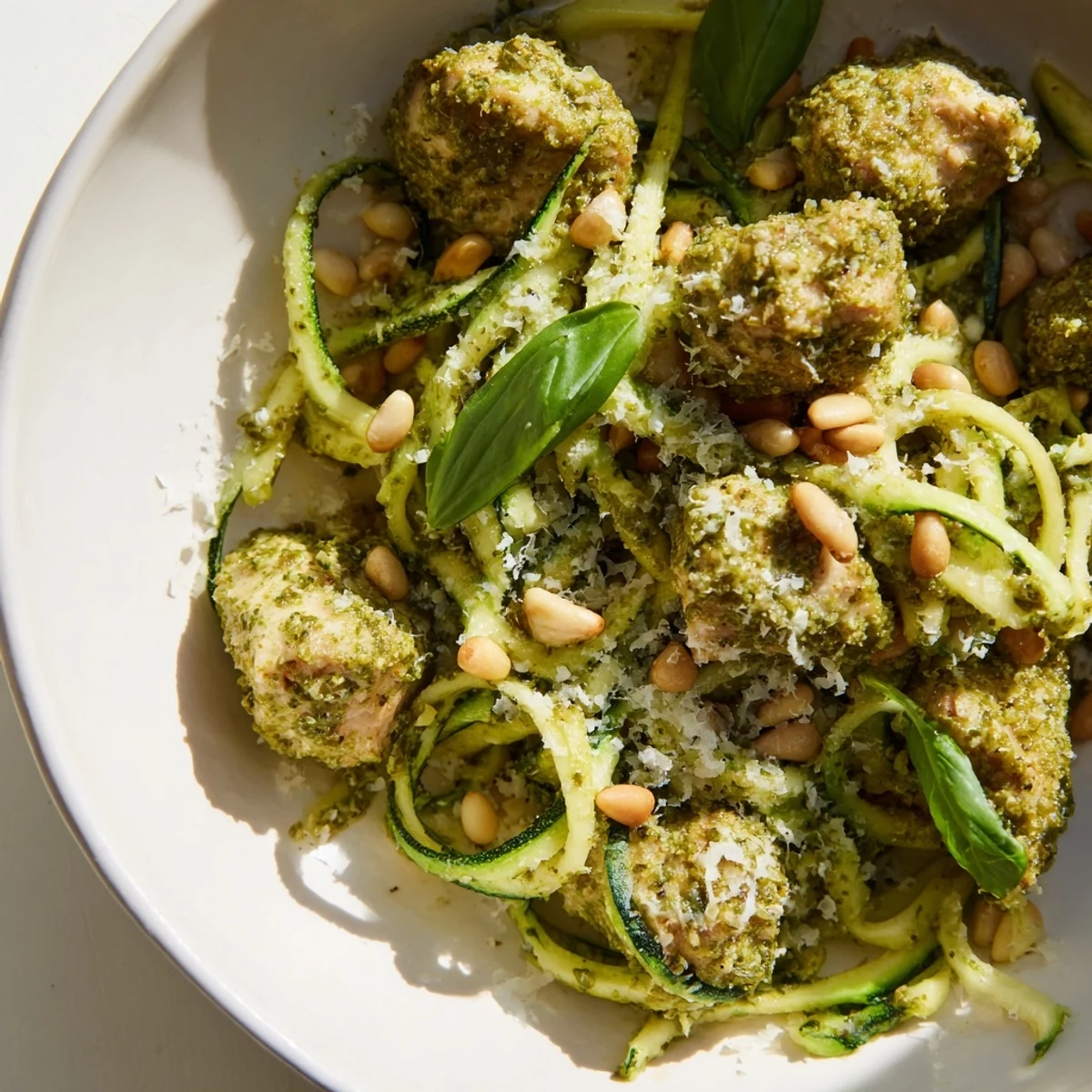 Golden, sautéed chicken pieces and crisp zucchini noodles tossed in vibrant green basil pesto, garnished with toasted pine nuts and fresh herbs.