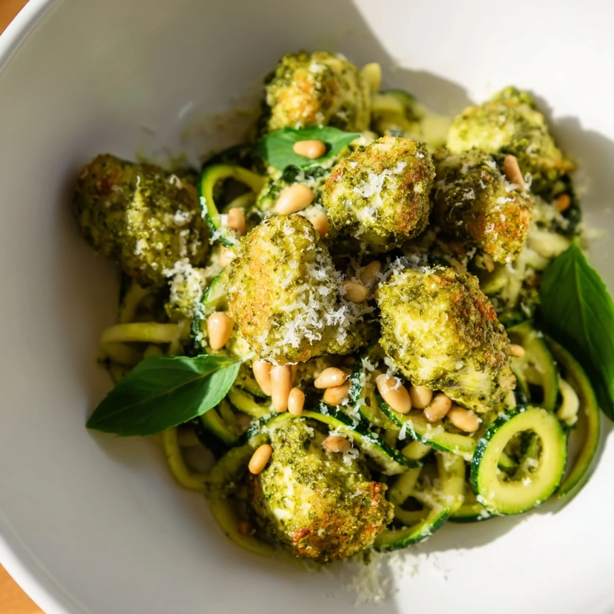 Serving suggestion for Pesto Zucchini Chicken Bowl, featuring a colorful, low-carb Mediterranean meal ready to enjoy with a fresh basil garnish.