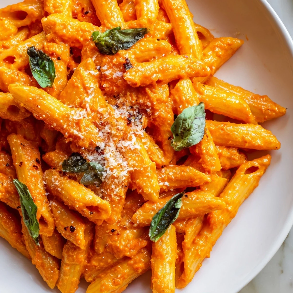 A skillet of Roasted Red Pepper Pasta served with extra Parmesan and warm garlic bread on the side. 