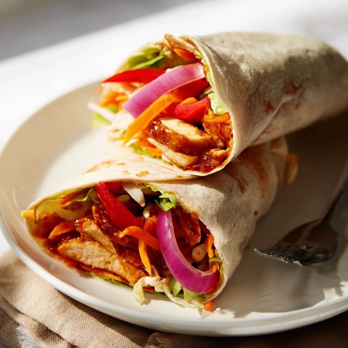 Glazed chicken strips in a honey sriracha sauce wrapped in a soft tortilla with crisp lettuce and red onion.