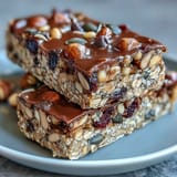 Wholesome trail mix bars with oats and honey, packed with nuts, seeds, and dried fruit for a satisfying snack.