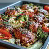 One-pan lemon chicken and veggie bake with juicy chicken, colorful peppers, and zucchini in a zesty herb marinade.