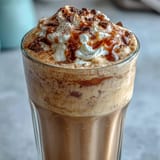 Creamy Vanilla Bean Frappuccino Protein Shake in a tall glass, topped with whipped cream and vanilla bean specks.