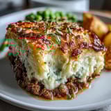Classic Shepherds Pie with Cauliflower Mash Topping, a comforting British classic with a golden, creamy cauliflower topping over savory lamb filling.