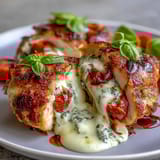 Golden baked Caprese stuffed chicken breast, drizzled with sweet balsamic glaze.
