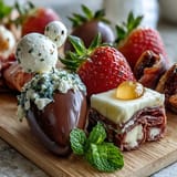 Mini Easter basket treat board with prosciutto, mozzarella, berries, and chocolate eggs.