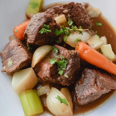 Tender braised beef with root vegetables stews in a rich, savory broth.  