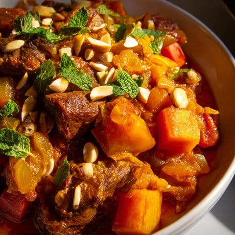 Tender Spiced Moroccan Lamb Tagine simmered with aromatic spices and dried apricots. 