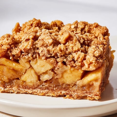 Buttery Cinnamon Apple Crumble Bars topped with a crunchy oat layer, irresistible warm treat.  