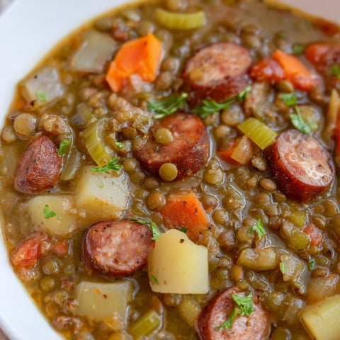 Hearty Lentil and Sausage Stew bubbling in a pot, filled with veggies and spices.