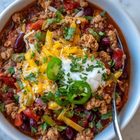 Hearty slow cooker turkey chili simmered with spices, beans, and vibrant peppers.  