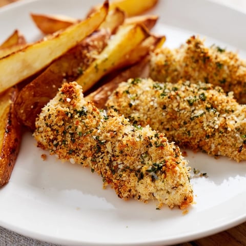 Golden-brown herbed chicken tenders paired with crispy potato wedges, a satisfying American meal.