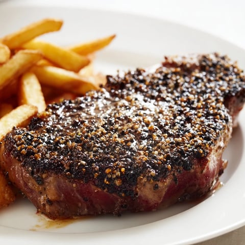 Sizzling Classic Peppercorn Ribeye, seared to perfection with a rich peppercorn crust and golden fries.