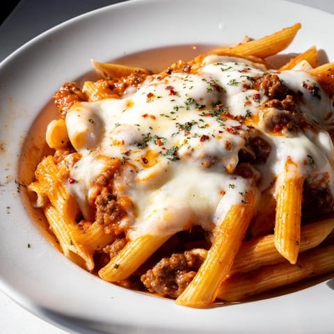 Golden, bubbly Cheesy Beef & Penne Bake with melted cheese and rich tomato sauce; a family favorite.
