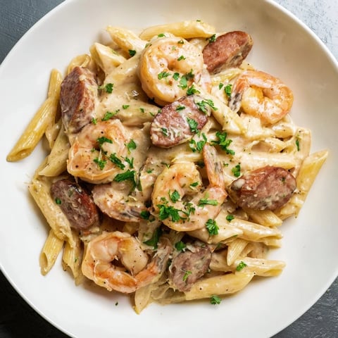 Cajun Sausage & Shrimp Alfredo Pasta Skillet sizzling with shrimp, sausage, and a creamy Cajun sauce.