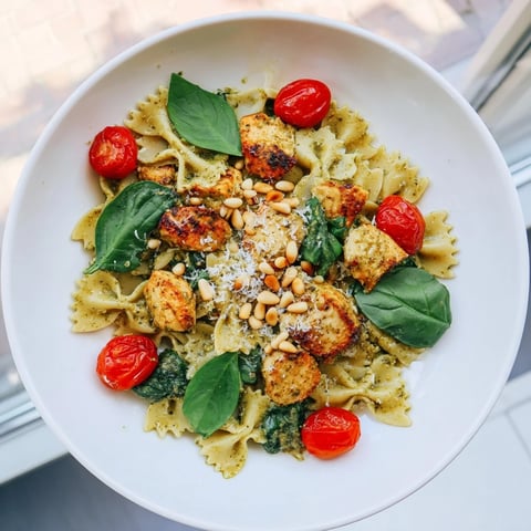 Golden chicken pieces and bowtie pasta coated in a creamy pesto sauce for the tasty pesto chicken.