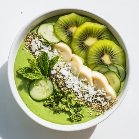 Green Smoothie Bowl filled with bright green kale, kiwi, avocado, ready to eat.