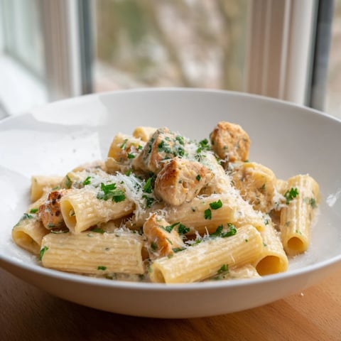 A creamy, rich Creamy Garlic Parmesan Chicken Rigatoni with perfectly cooked pasta and tender chicken.