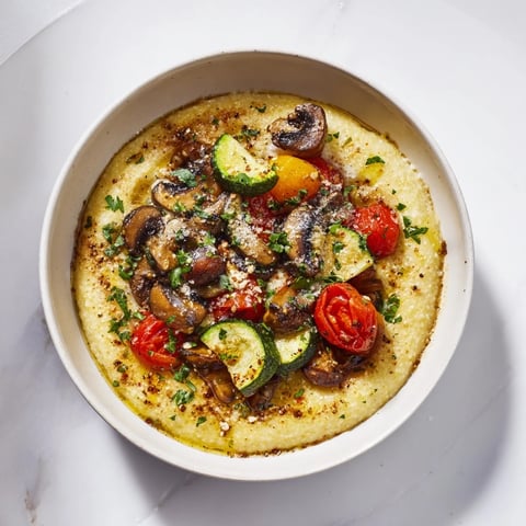 Creamy Cornmeal Mush Polenta Bowls presented warm, topped with sautéed mushrooms and roasted vegetables.