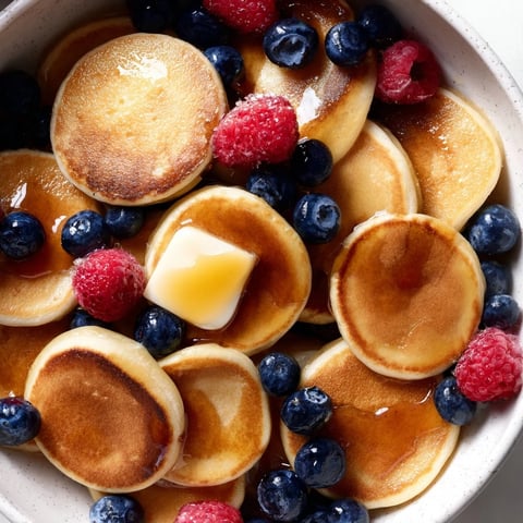 Fluffy pancake cereal topped with juicy berries and drizzled with sweet maple syrup.