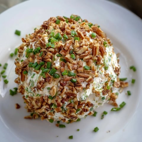 A beautifully textured Classic Cheese Ball covered in toasted pecans, ready to serve with crackers.