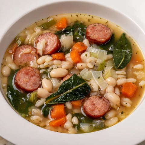 A steaming bowl of Simple Sausage and White Bean Soup, filled with savory sausage and veggies.