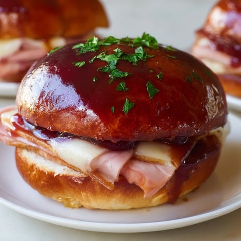 Cherry-glazed ham and cheese sliders, glistening with a sweet cherry glaze and melted Swiss cheese.