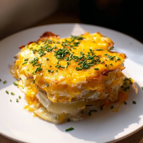 Golden-brown cheesy scalloped potatoes, fresh from the oven, ready for a comforting side dish.