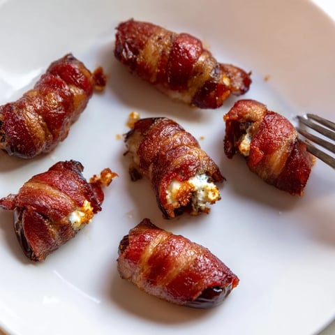 Crispy bacon-wrapped dates stuffed with creamy goat cheese, sizzling after baking in the oven.