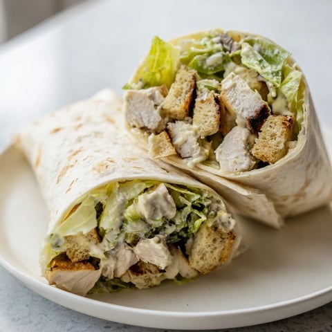 Chicken Caesar Wraps are shown, filled with chicken and lettuce, ready to be served for lunch.