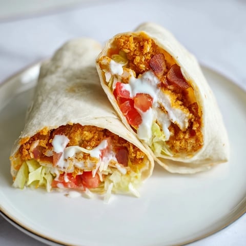 Golden-brown, crispy chicken bacon ranch wrap, overflowing with fresh, vibrant fillings and flavor.