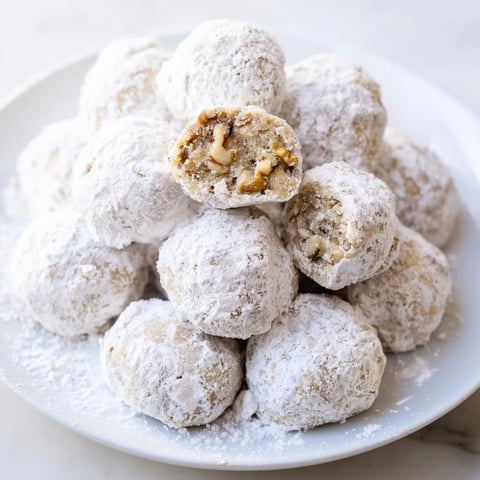 Warm, buttery Budget-Friendly Snowball Cookies coated in a generous layer of powdered sugar, making a festive dessert.