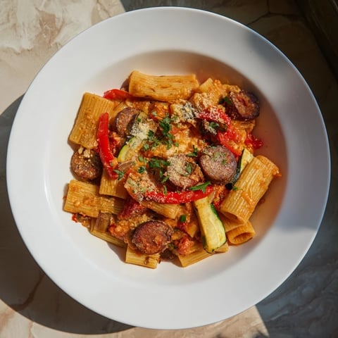 A bubbling Spicy Vegan Chorizo Baked Pasta, with melted vegan cheese and a rich tomato sauce.