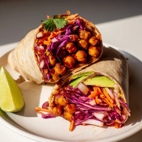 BBQ Chickpea & Slaw wraps, a colorful vegan meal featuring smoky chickpeas and vibrant slaw.