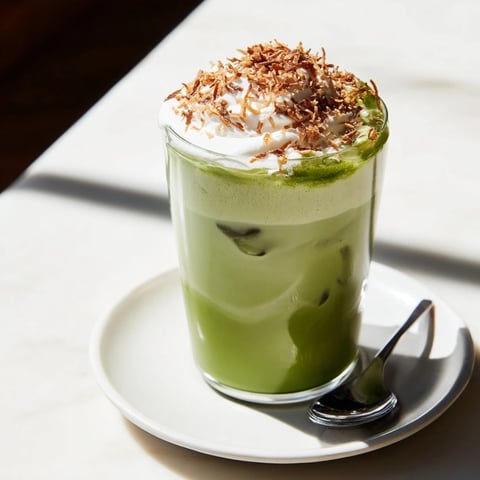 A creamy Toasted Coconut Gingerbread Iced Matcha, garnished with whipped cream and cinnamon.