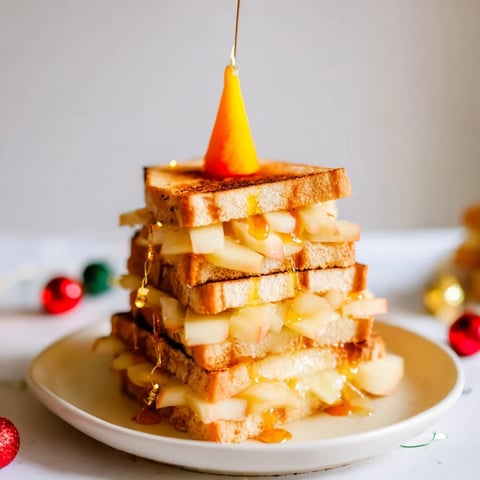 Golden-brown Brie, Apple & Honey Christmas Candle Grilled Cheese, oozing melted cheese and tempting apple slices.