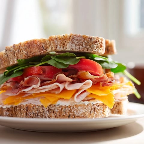 Melted cheddar, turkey bacon, spinach and tomato filling a Turkey Bacon, Spinach & Tomato Protein Grilled Cheese sandwich.