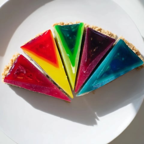 A vibrant photo of The Kaleidoscope dessert showcases colorful, layered segments ready to serve.