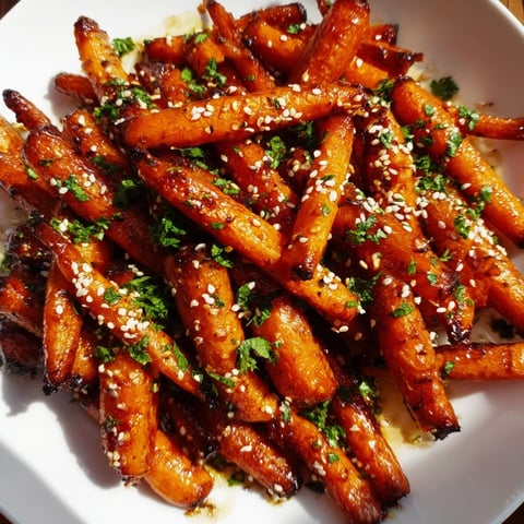 Maple mustard roasted carrots, glistening with glaze, are a vibrant and flavorful side dish.