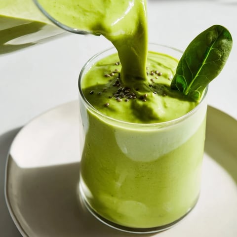 A bright green Spinach Avocado Smoothie, ready to drink, with hints of tropical fruit.