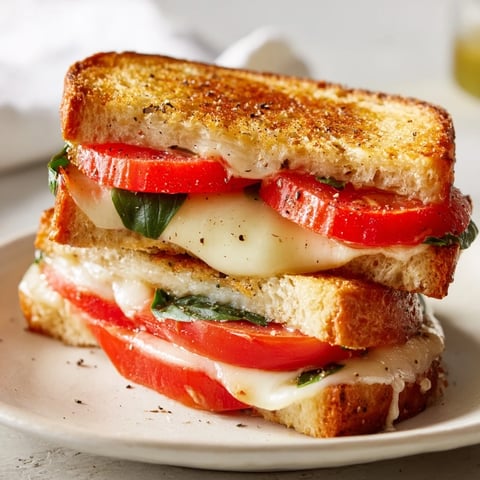 Golden-brown Tomato Basil Grilled Cheese, with melted mozzarella and fresh basil inside warm, toasted bread.