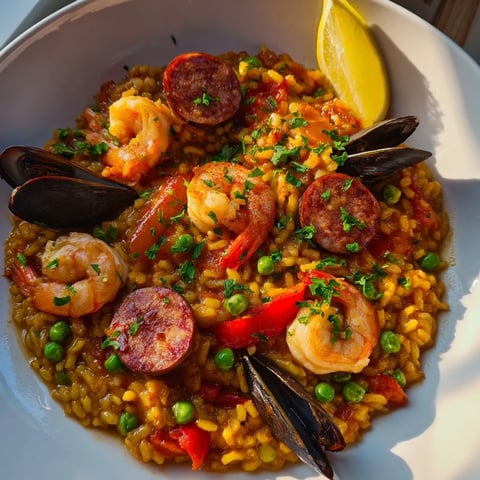 Golden-hued Paella Spanish Rice with plump shrimp, mussels, and saffron-infused rice, ready to serve.
