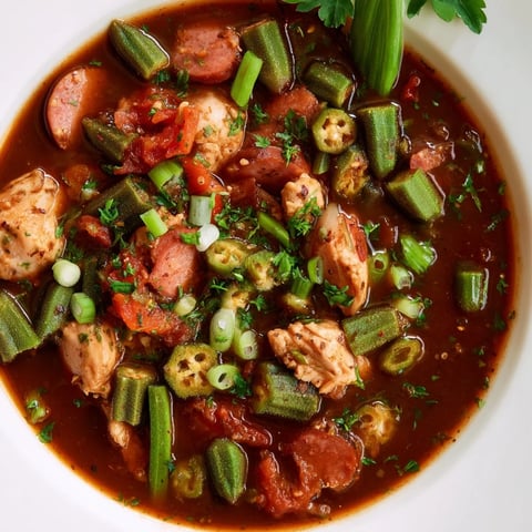 Steaming bowl of Gumbo Okra Soup, showcasing tender chicken, sausage, and okra in rich broth.