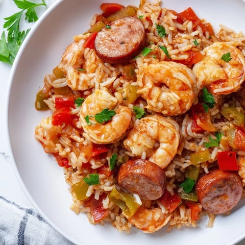 Golden, steaming Jambalaya Skillet showcasing succulent shrimp and sausage with vibrant bell peppers.