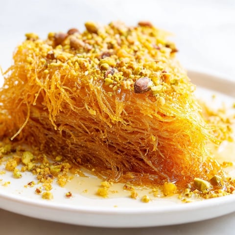 Golden, crispy Egyptian Konafa dessert drizzled with sweet honey syrup, ready to be sliced.